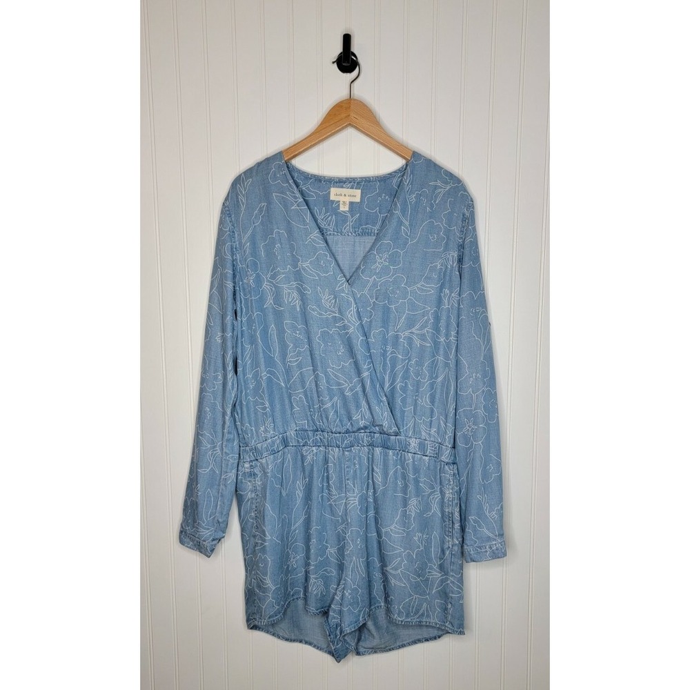 Cloth and‎ Stone Anthropologie Size Large Romper Blue White Floral Chambray
